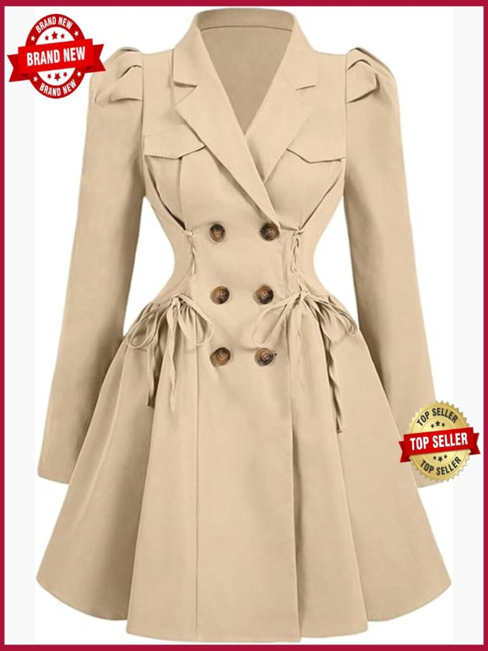 Trench Coat Lapel Double Breasted Puff Long Sleeve A Line Jacket Outerwear